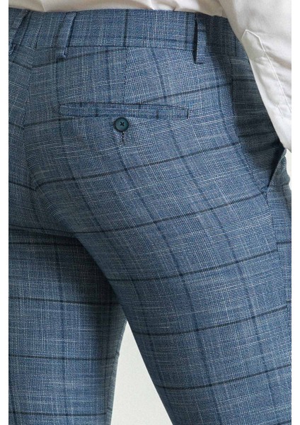 Ekoseli Lacivert Renk Slim Fit Klasik Erkek Pantolon