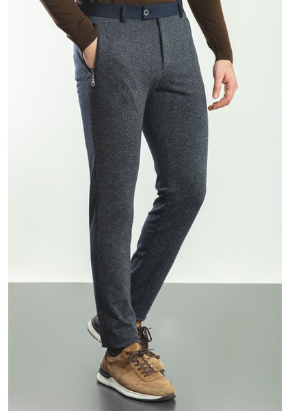 Desenli Lacivert Renk Super Slim Fit Cebi Fermuarlı Erkek Pantolon