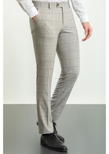 Ekoseli Taş Rengi Slim Fit Klasik Erkek Pantolon