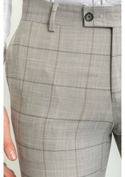 Ekoseli Taş Rengi Slim Fit Klasik Erkek Pantolon fiyatları