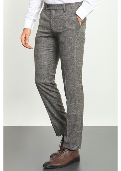 Ekoseli Bej Rengi Slim Fit Klasik Yün Erkek Pantolon