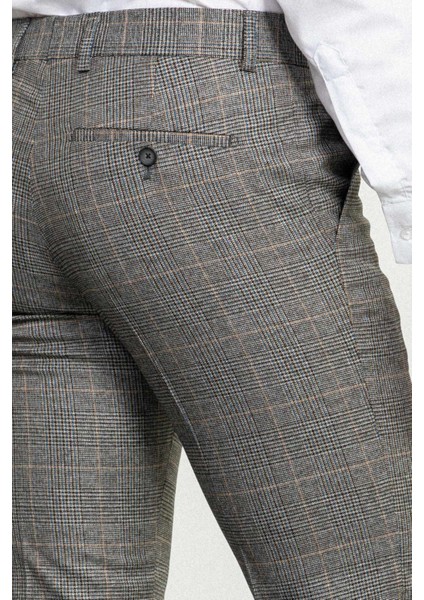 Ekoseli Bej Rengi Slim Fit Klasik Yün Erkek Pantolon modelleri