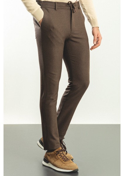 Düz Kahverengi Super Slim Fit Beli Lastikli İpli Erkek Pantolon