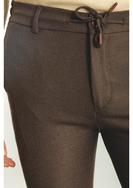 Düz Kahverengi Super Slim Fit Beli Lastikli İpli Erkek Pantolon fiyatları