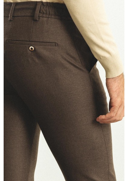 Düz Kahverengi Super Slim Fit Beli Lastikli İpli Erkek Pantolon modelleri