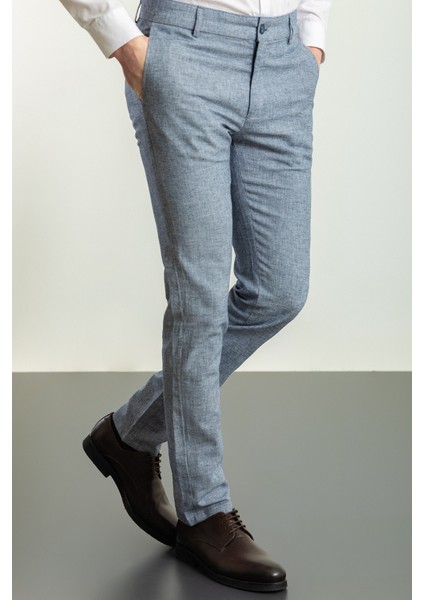 Desenli Lacivert Renk Super Slim Fit Keten Erkek Pantolon