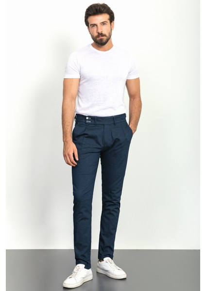 Pileli Lacivert Renk Slim Fit Erkek Pantolon