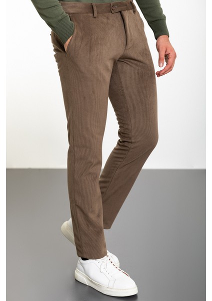 Çizgili Kamel Rengi Slim Fit Kadife Erkek Pantolon
