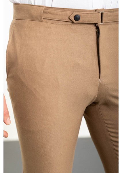 Düz Bej Slim Fit Kemer Detaylı Erkek Pantolon fiyatları