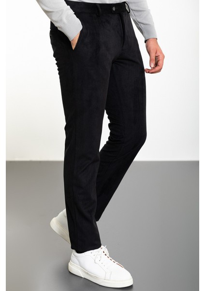 Çizgili Siyah Slim Fit Kadife Erkek Pantolon