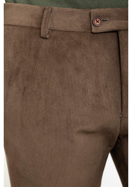 Çizgili Kamel Rengi Slim Fit Kadife Erkek Pantolon
