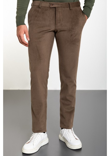 Çizgili Kamel Rengi Slim Fit Kadife Erkek Pantolon