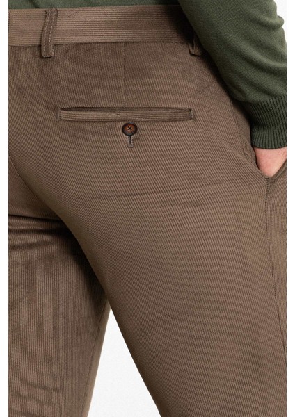 Çizgili Kamel Rengi Slim Fit Kadife Erkek Pantolon
