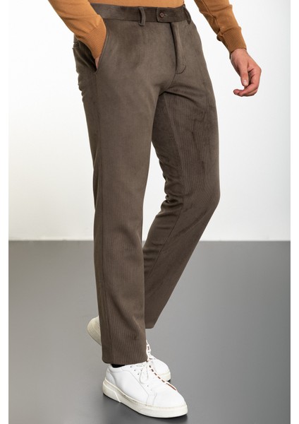 Çizgili Haki Slim Fit Kadife Erkek Pantolon