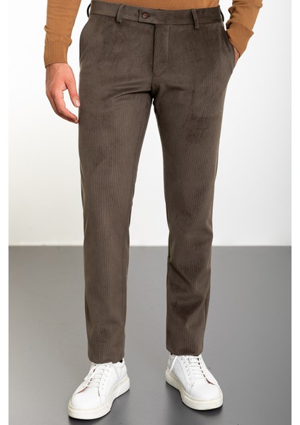 Çizgili Haki Slim Fit Kadife Erkek Pantolon modelleri