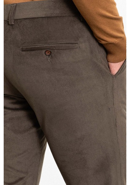 Çizgili Haki Slim Fit Kadife Erkek Pantolon fırsatları