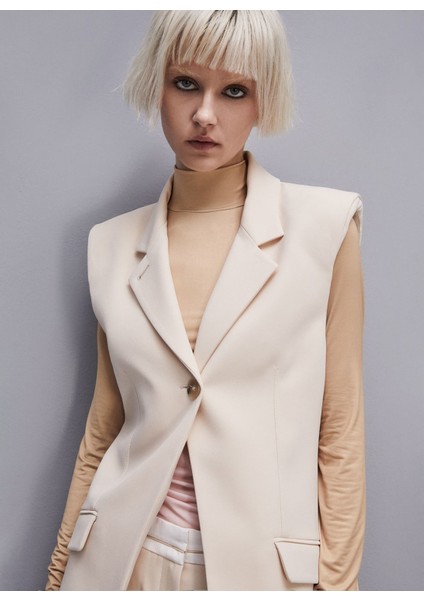 Ekru Kadın Kruvaze Yaka Dar Yelek 8S0486 modelleri