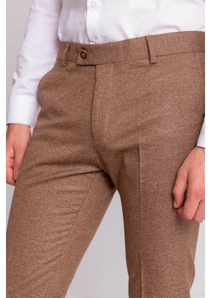 Desenli Kamel Rengi Super Slim Fit Erkek Pantolon