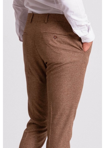 Desenli Kamel Rengi Super Slim Fit Erkek Pantolon