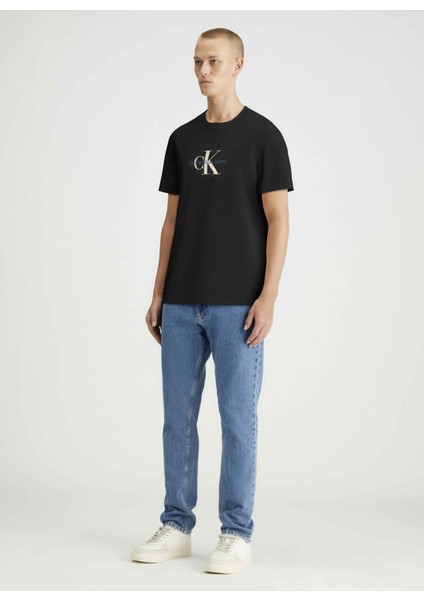 Bisiklet Yaka Baskılı Siyah Erkek T-Shirt J30J326863BEH Dıstressed Monologo