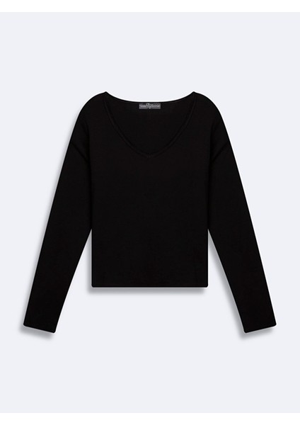 MABADA Kesik V Yaka Soluk Görünümlü Siyah Sweatshırt 1125810666089