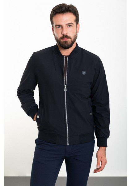 Düz Lacivert Slim Fit Hakim Yaka Erkek Mont