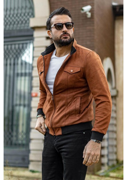 Düz Kamel Slim Fit Hakim Yaka Süet Erkek Mont