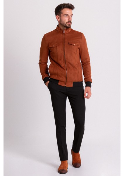 Düz Kamel Slim Fit Hakim Yaka Süet Erkek Mont modelleri