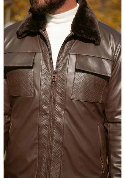 Desenli Kahverengi Slim Fit Kürklü Yaka Suni Deri Erkek Mont fiyatları