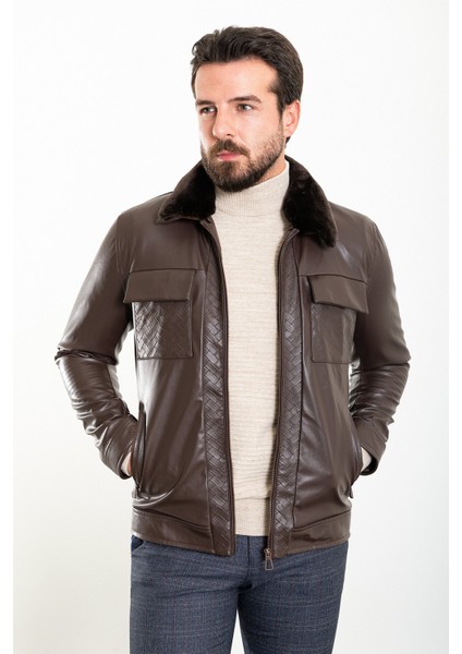 Desenli Kahverengi Slim Fit Kürklü Yaka Suni Deri Erkek Mont modelleri