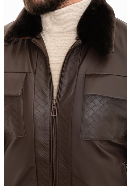 Desenli Kahverengi Slim Fit Kürklü Yaka Suni Deri Erkek Mont fırsatları