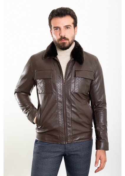 Desenli Kahverengi Slim Fit Kürklü Yaka Suni Deri Erkek Mont indirimleri
