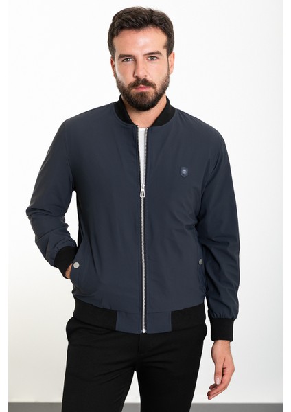 Düz Antrasit Slim Fit Hakim Yaka Erkek Mont