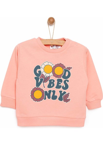Basic Az Şardonlu Çiçekli Yazı Desenli Sweatshirt Kız Bebek