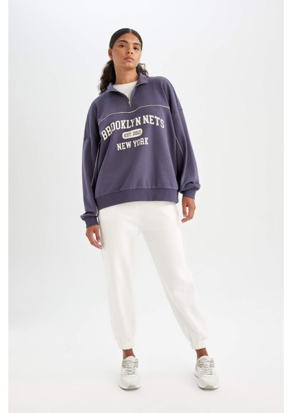 DeFactoFit NBA Brooklyn Nets Oversize Geniş Kalıp Yarım Fermuarlı Dik Yaka Sweatshirt C8246AX24AU
