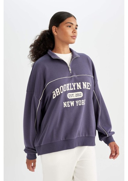 DeFactoFit NBA Brooklyn Nets Oversize Geniş Kalıp Yarım Fermuarlı Dik Yaka Sweatshirt C8246AX24AU