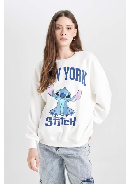 Coool Disney Lilo & Stitch Oversize Geniş Kalıp Bisiklet Yaka Baskılı Kalın Sweatshirt D4812AX24WN