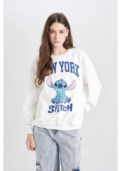 Coool Disney Lilo & Stitch Oversize Geniş Kalıp Bisiklet Yaka Baskılı Kalın Sweatshirt D4812AX24WN