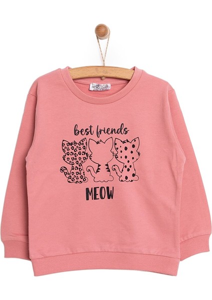 Basic Az Şardonlu Kedi Desenli Sweatshirt Kız Bebek
