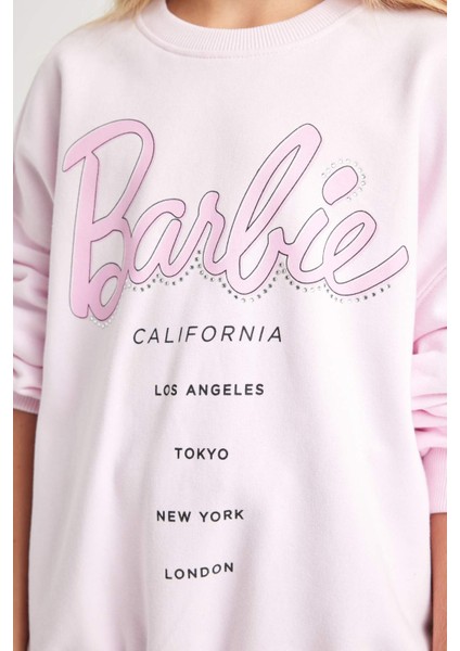 Kız Çocuk Pembe Barbie Oversize Geniş Kalıp Bisiklet Yaka İçi Yumuşak Tüylü Sweatshirt D1117A824AU