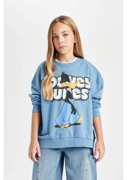 Kız Çocuk Mavi Looney Tunes Oversize Geniş Kalıp Bisiklet Yaka Sweatshirt D2982A824AU modelleri