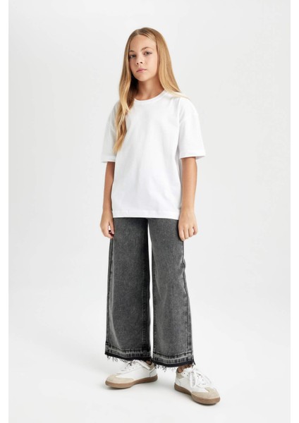 Kız Çocuk Oversize Geniş Kalıp Bisiklet Yaka Basic Düz Kısa Kollu Tişört D3345A824AU