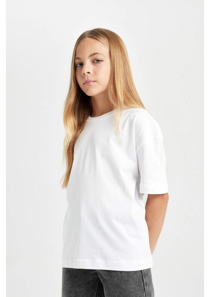Kız Çocuk Oversize Geniş Kalıp Bisiklet Yaka Basic Düz Kısa Kollu Tişört D3345A824AU