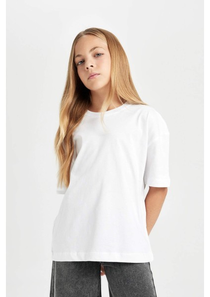Kız Çocuk Oversize Geniş Kalıp Bisiklet Yaka Basic Düz Kısa Kollu Tişört D3345A824AU