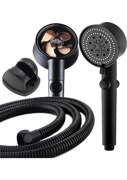 Power Pervaneli Start Stoplu Mafsallı Duş Seti (Duş Başlığı + Hortum + Mafsal) (Siyah)