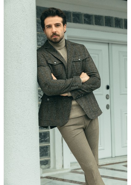 Desenli Haki Rengi Slim Fit Mono Yaka Yün Erkek Ceket fiyatları