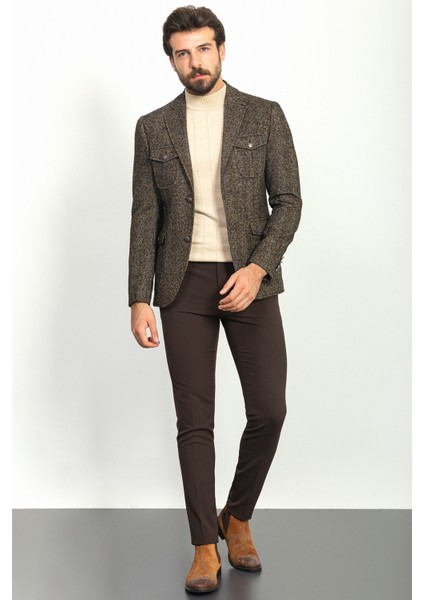 Desenli Haki Rengi Slim Fit Mono Yaka Yün Erkek Ceket modelleri