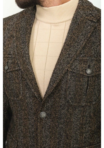 Desenli Haki Rengi Slim Fit Mono Yaka Yün Erkek Ceket fırsatları