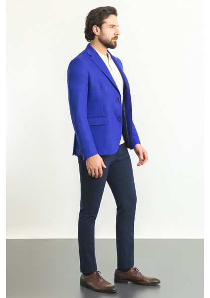 Düz Saks Rengi Slim Fit Mono Yaka Erkek Ceket