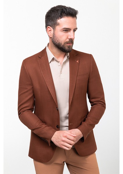 Düz Kiremit Rengi Slim Fit Mono Yaka Erkek Ceket